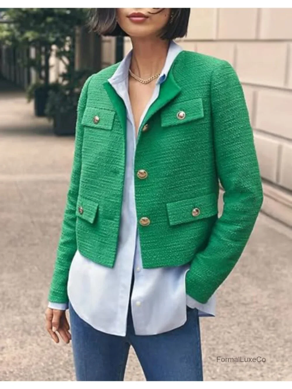 Cropped Tweed Blazer Jacket - Collarless Business Casual Blazers for Women